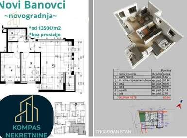 Trosoban stan, Stara Pazova, Novi Banovci, prodaja, 61m2, 82150e, id1026698